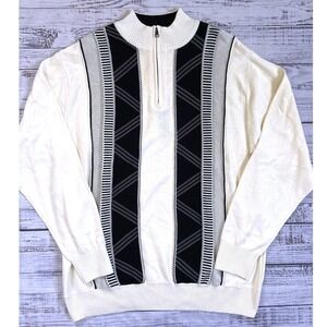 F/X Fusion Quarter Zip Sweater Mens L Cream Black Retro Geometric Mock Neck Knit